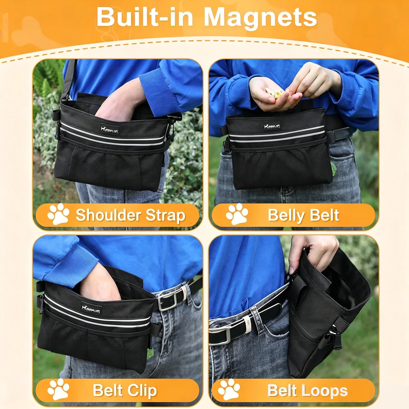 Large Capacity Training Treat Bag 3 Zipper Pockets Magnetic Closure Detachable Snack Pouch Pet Walking Waist Bag Pet Outdoor MTB Zpaxo