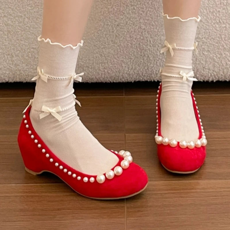 2026 Spring Autumn Vintage Solid Comfortable Pearl Embellishment Heel Zpaxo