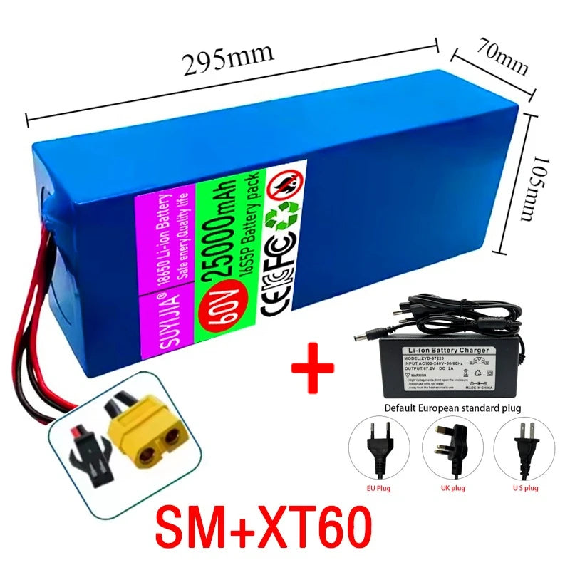 60V 16S5P Li-ion Battery 18650 25Ah Rechargeable Lithium Battery Pack 2000W High-power with BMS for Motorcycle, Scooter, Bicycle Zpaxo SM-XT60 and charger