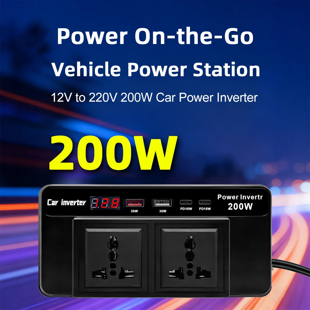 Car Inverter Digital Display QC 3 0 DC 12V AC 220V 200W USB Type-c
