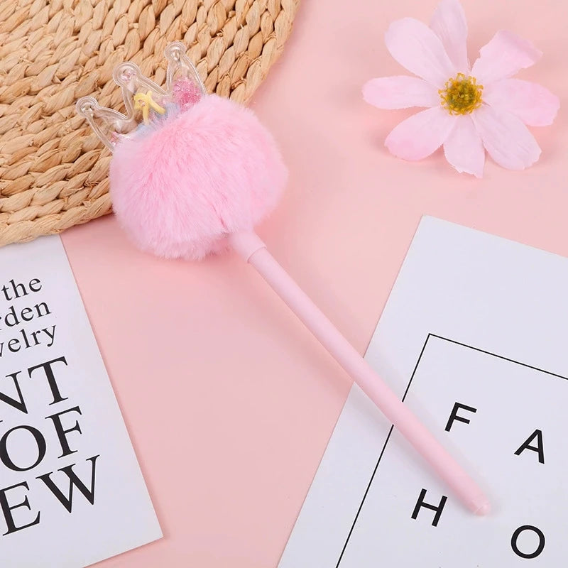 Kawaii Crown Pom Gel Pen Cute Fluffy Plush Black Ink Writing Pastel