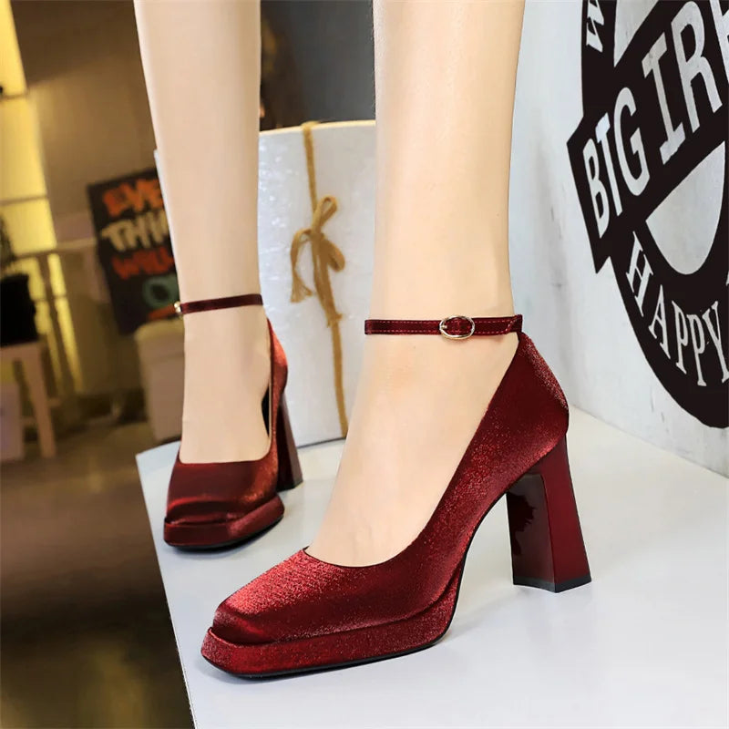 American Banquet Heels Wedding Shoes Thick Waterproof Platform Satin Zpaxo 9982-K105 Red 38 China Mainland