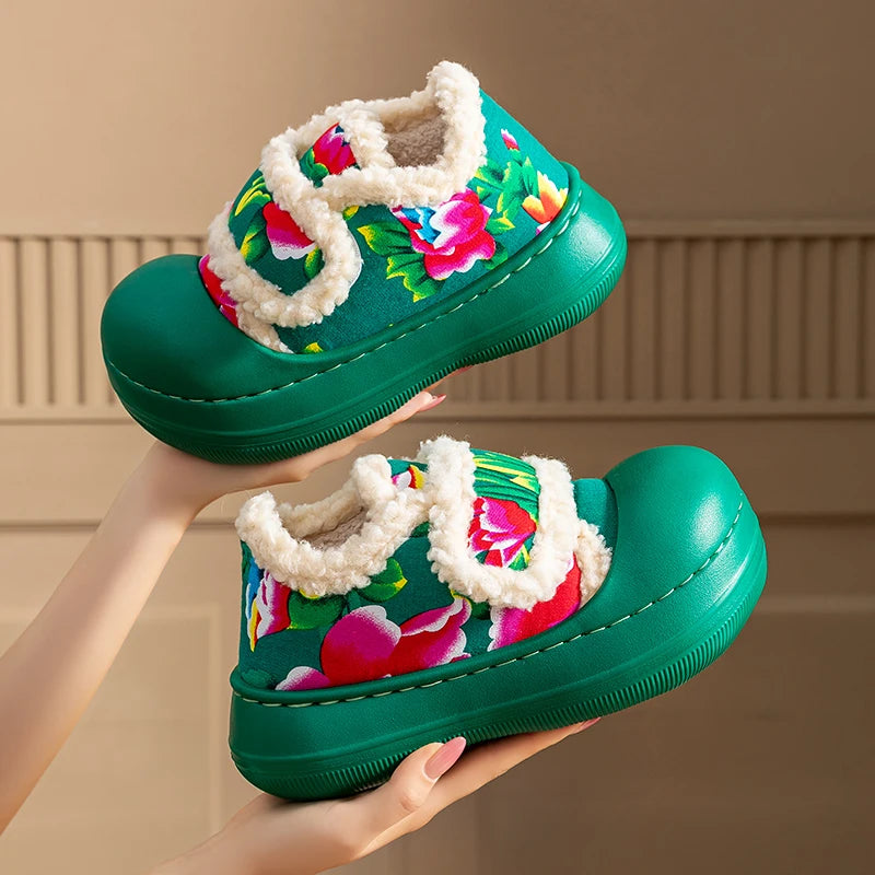 Unisex Winter Flower Pattern Slippers Cloud Feel Platform Warm Shoes