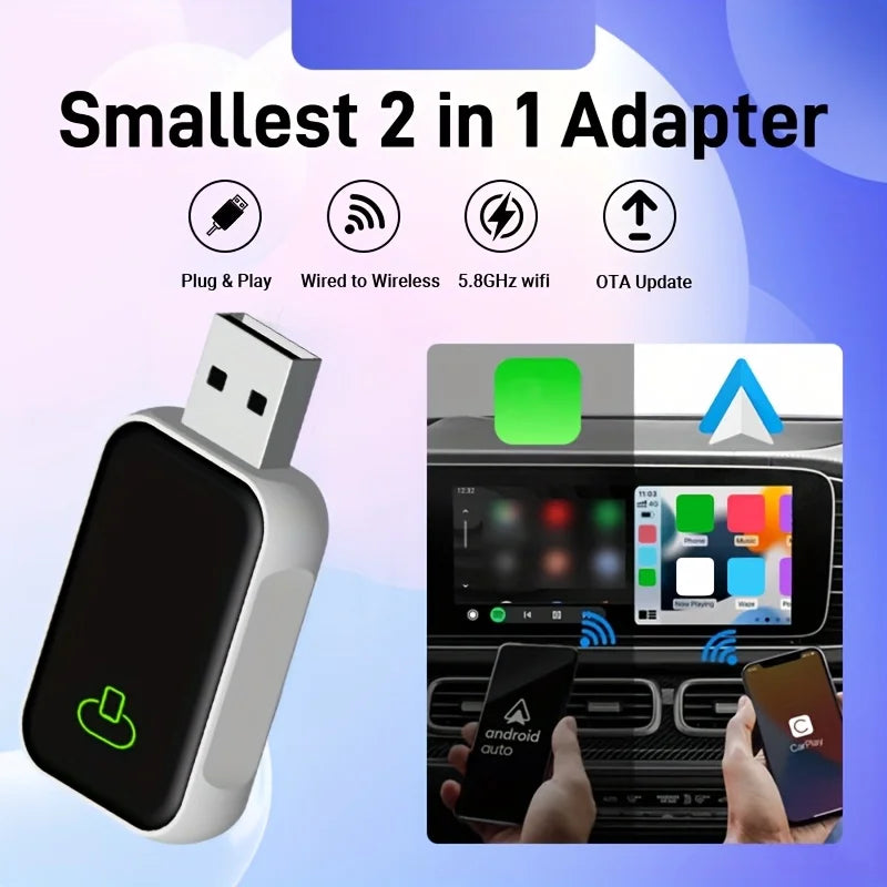 2 in 1 Wired to Wireless Carplay Android Auto Adapter Type-C/USB Plug And Play Bluetooth Mini Smart AI Box For 99% Original Car Zpaxo