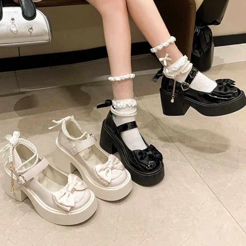 Women's Bow Embellishment Pearl Chain Thick Sole Heel Lolita Shoes Zpaxo