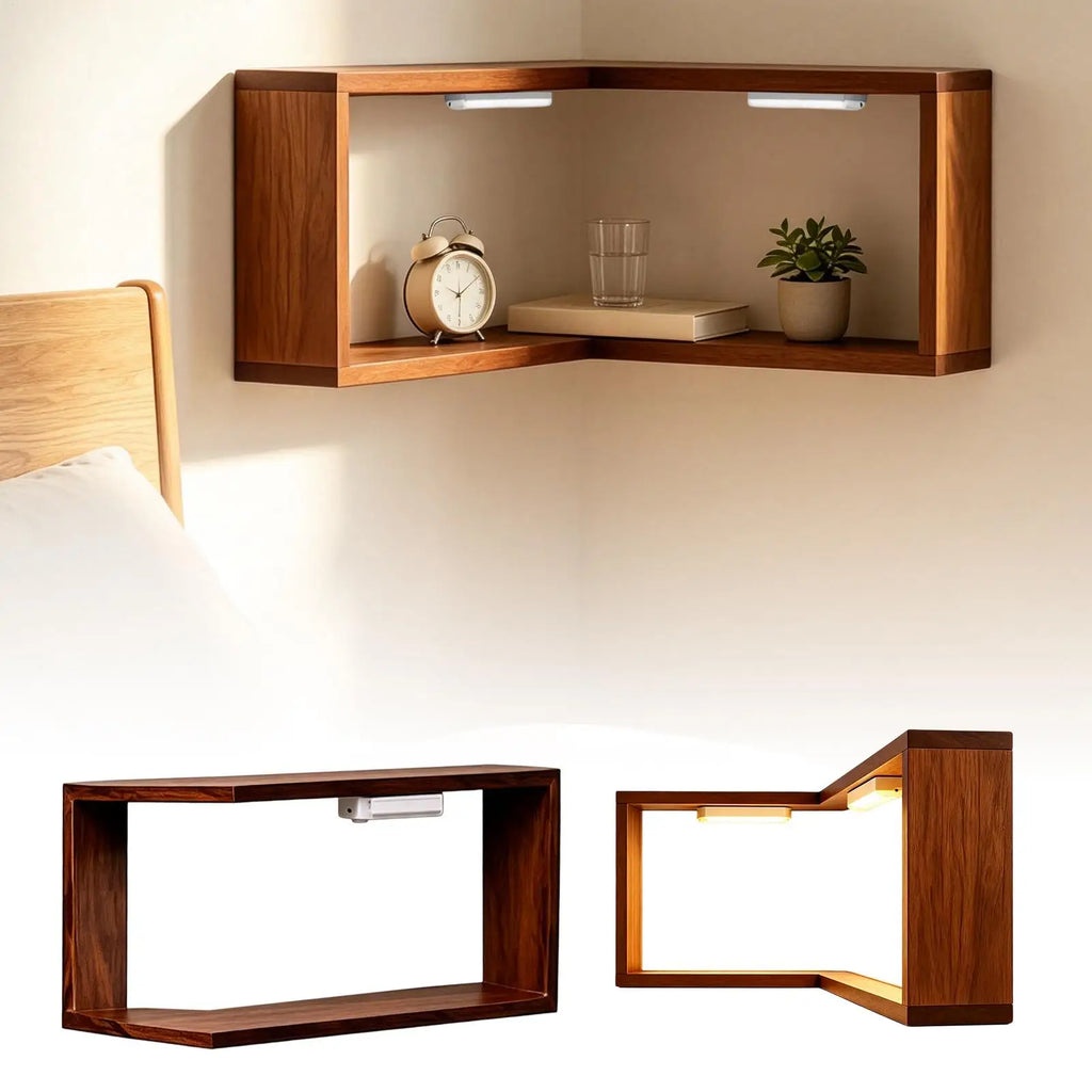 Corner Shelf L Shaped Rustic Storage Organizer LED Lights Floating