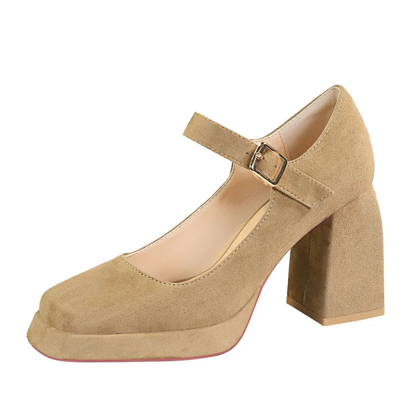 Retro Heel Thick Waterproof Platform Suede Shallow Mouth Square-head Zpaxo