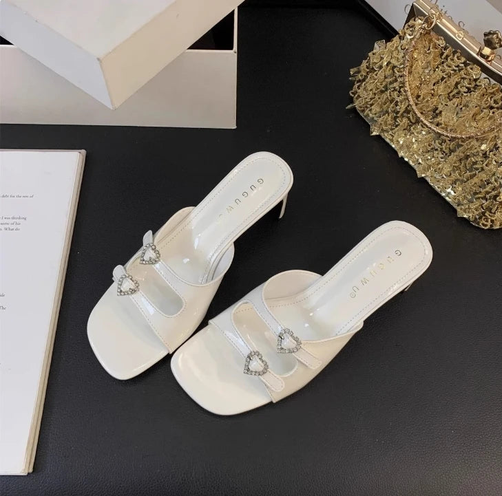 Women's Slippers 2024 New Summer Square Toe Rhinestone Buckle High Heels Casual Sexy Slim Heels Women's Cool Slippers Women's Zpaxo white 35