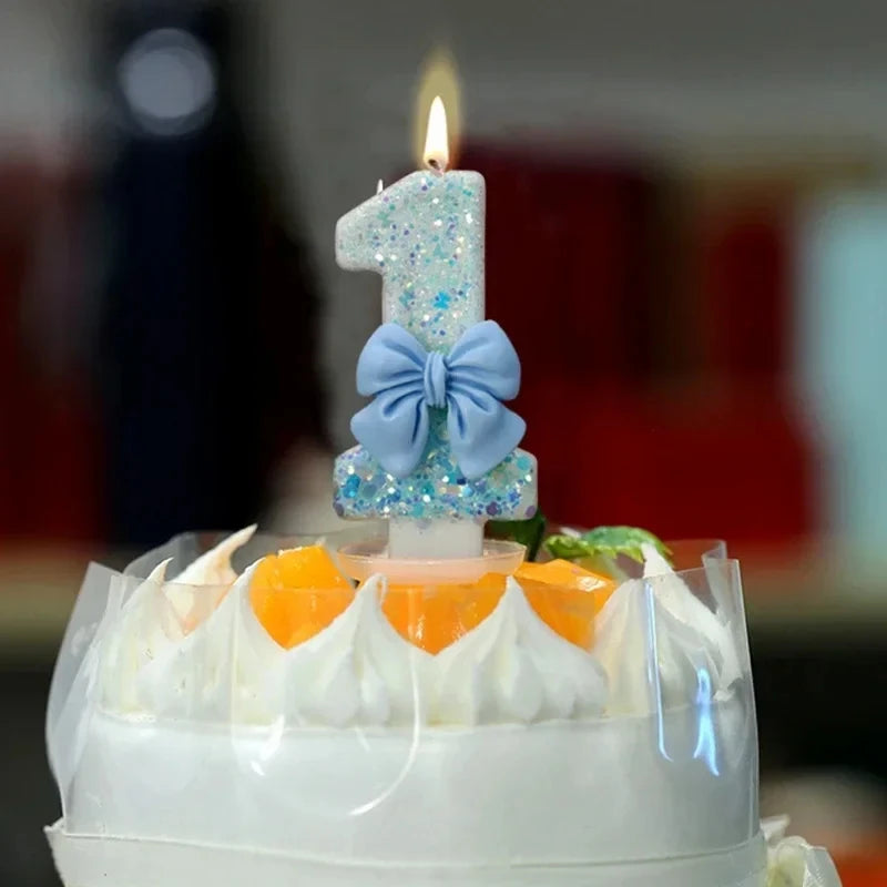 Blue Bow Glitter Number Birthday Candles Baby's First Cake