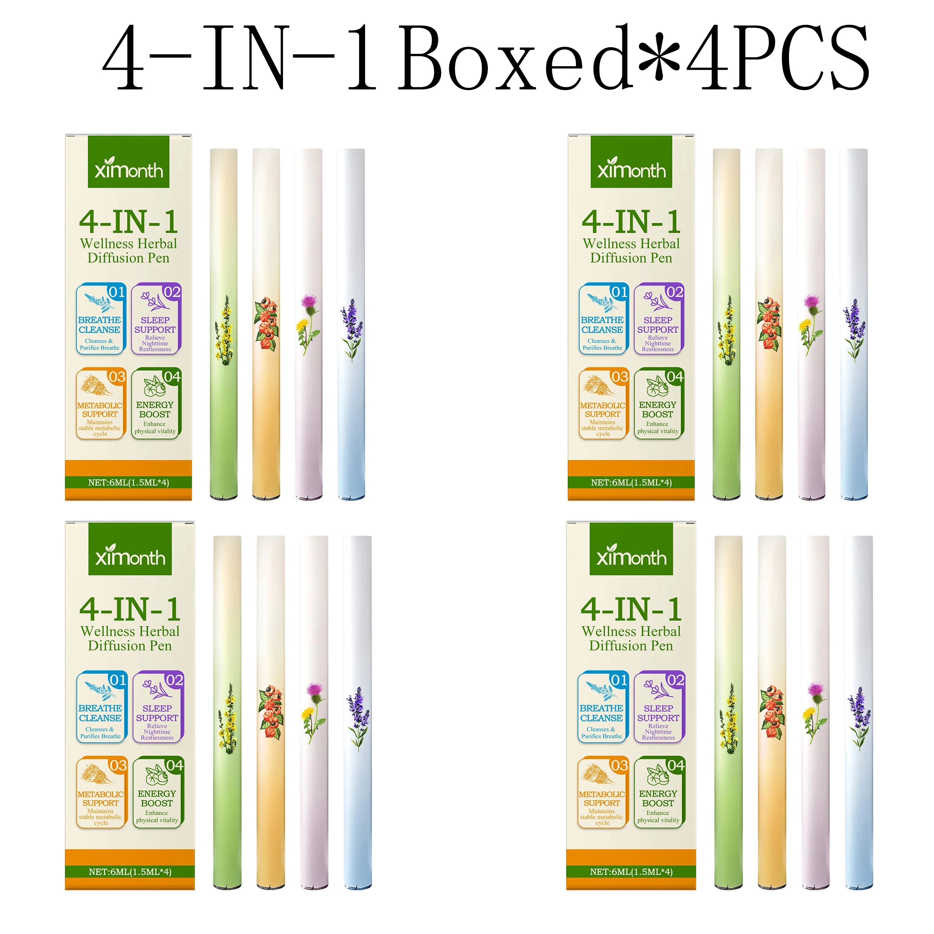 4-IN-1 Air Freshening Pen Relaxation Clear Breathing Good Mind Freshening Fragrance Aromatherapy Diffuser Lung Cleaning Pen Zpaxo 4-in1 boxed X 4pcs