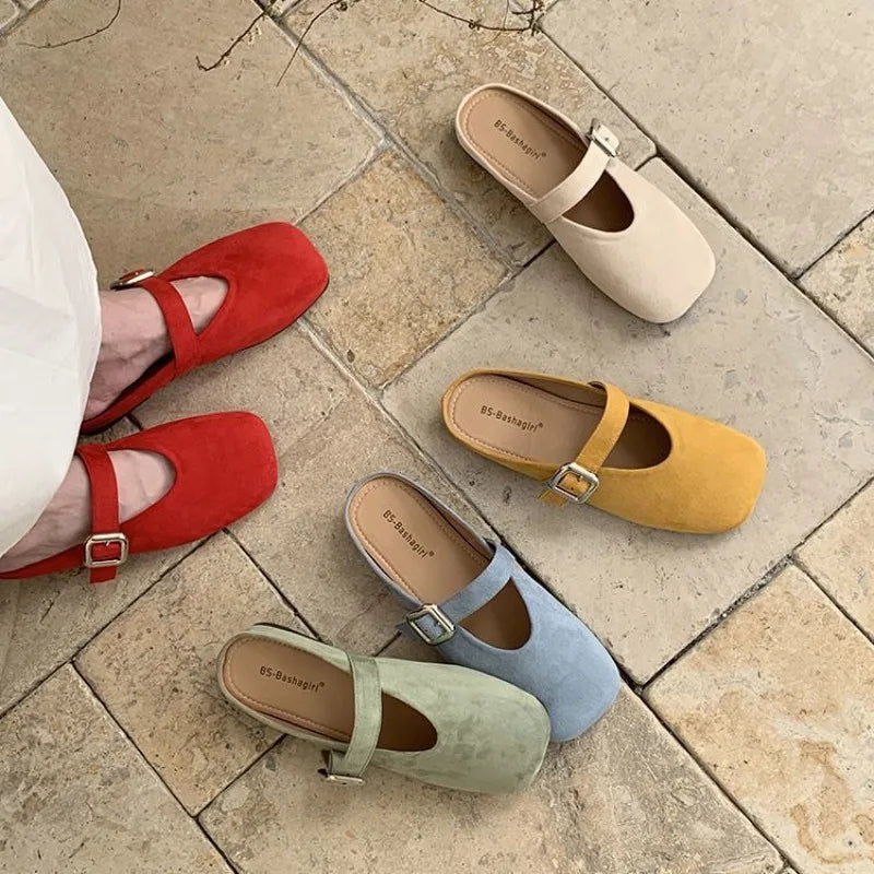 Mary Jane Baotou Half Slipper Women's Summer Outerwear Half Slipper 2025 Summer Soft Flat Bottom Square Toe Slippers for Women Zpaxo