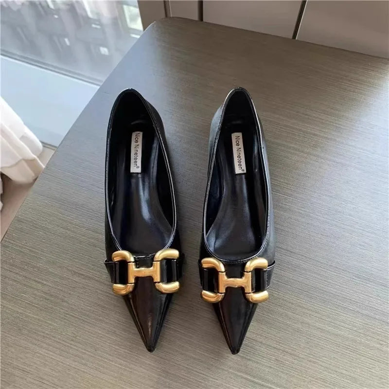 Flat Shoes for Women 2025 Spring Autumn New Fashion Pointed Toe Metal Buckle Flat Shallow Large Size 42 43 44 Women's Shoes Zpaxo