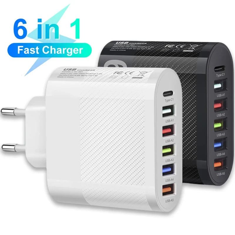 65W 6 Ports USB Charger Fast Charging Quick Charge 3.0 Travel Charger For iPhone Samsung Xiaomi Mobile Phone Adapter EU/US Plug Zpaxo
