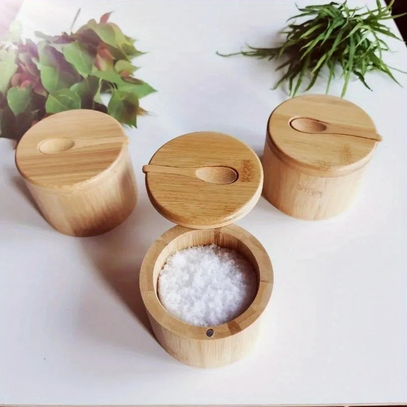 Salt Seasoning Jars Pepper Jar Bamboo Condiment Box Bowl Storage Pot Set Wood Sugar Container Holder Lid Function Multi Bowls Zpaxo