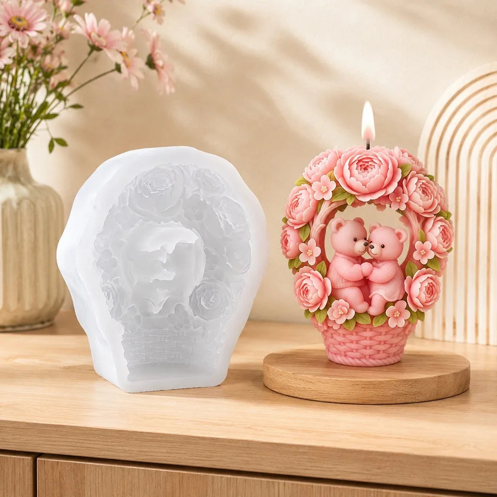 3D Hugging Bears Flower Basket Silicone Mold | Candle & Soap Craft Silicone Mold Zpaxo