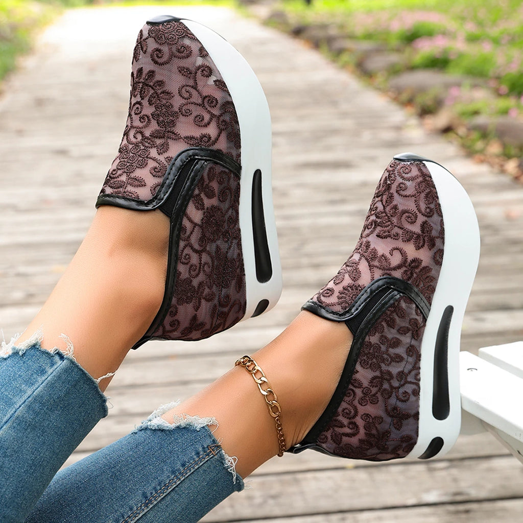 Women Sneakers Embroidery Platform Loafers Comfortable Trend Plus Size Women Shoes Mesh Lace Flats Slip on Wedge Female Shoes Zpaxo