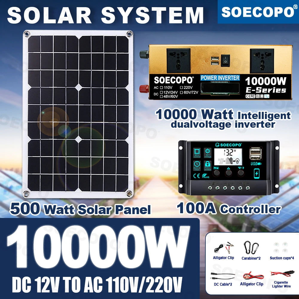 10000W Solar 500W Panel 100A MPPT Controller DC Cable 12V 24V 220V