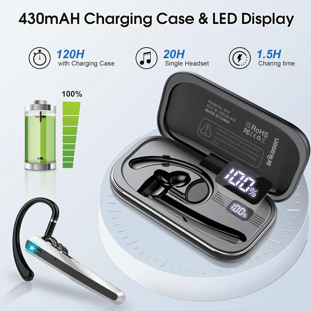 Bluetooth Headset Wireless Earpiece Dual-mic& Noise Canceling V5 4