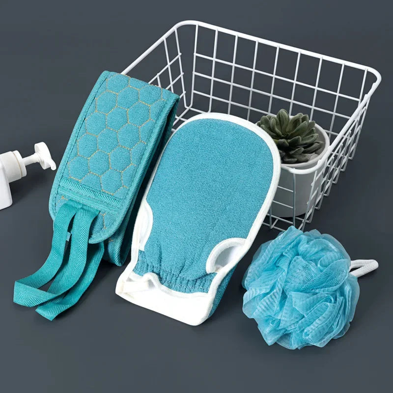 3pcs/set Bath Set Double-side Bath Towel Strong Rubbing Mud Glove Bath Towel Set Washing Towel Set Body Scrub Deep Cleaning Tool Zpaxo Blue