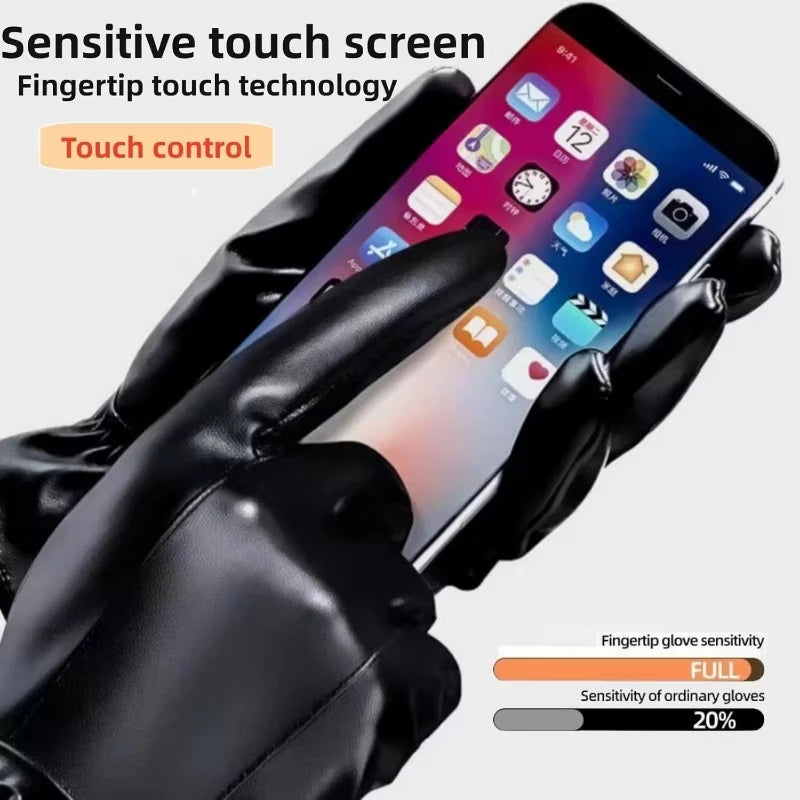 Windproof Touchscreen PU Gloves Unisex Waterproof Warm Outdoor Sports Gloves Solid Color Cycing Skiing Driving PU Gloves Male Zpaxo