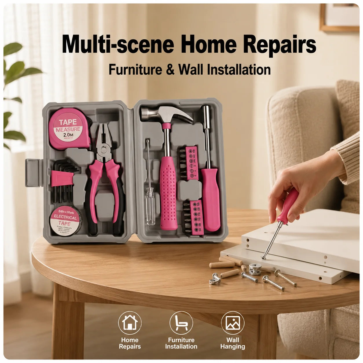 24pc Pink Tool Kit for Women Household Hand Tools Set with Portable Carrying Case Small Compact DIY Repair Toolbox for Home Gift Zpaxo