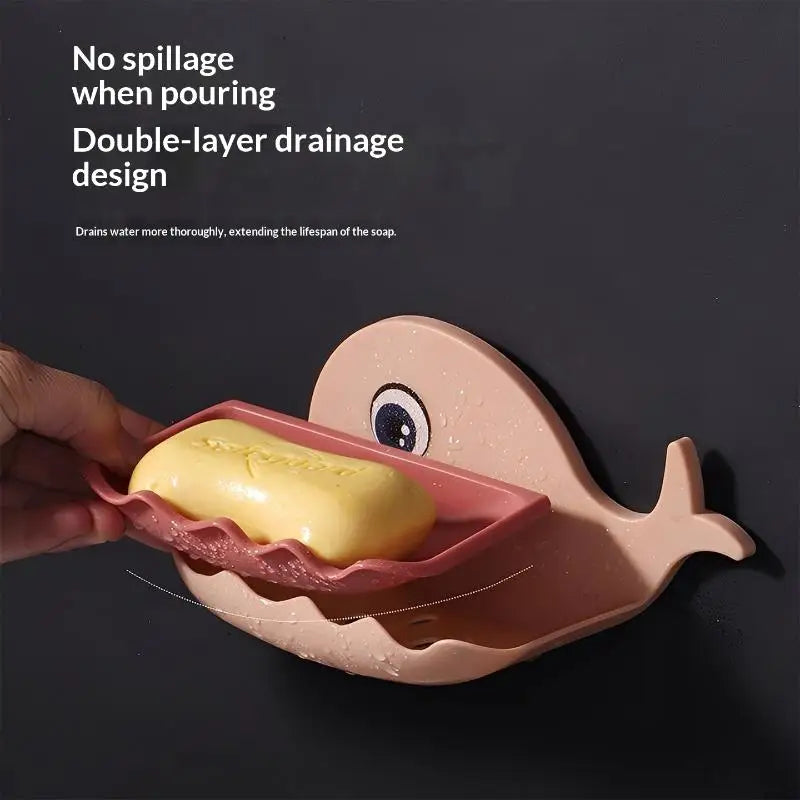 Whale Soap Dish – No-Drill Adhesive Double-Layer Drain Holder