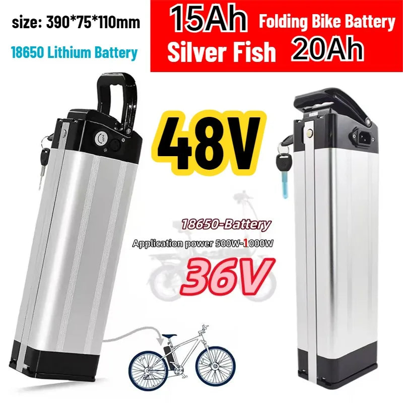 Batterie lithium-ion universelle 36V 48V 15ah-20ah Silver Fish 18650, batterie de vélo pliant, BMS intégré pleine capacité Zpaxo