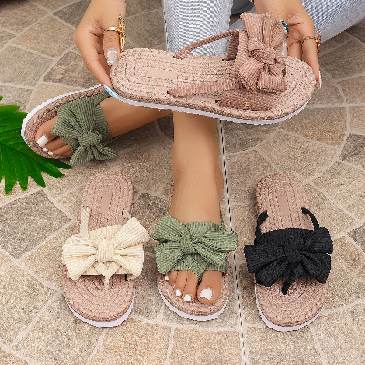 Women Slippers Bowknot Summer Flat Sandals Rope Sole Casual Beach Slippers Lightweight Holiday Shoes Women Trend Slides Women Zpaxo