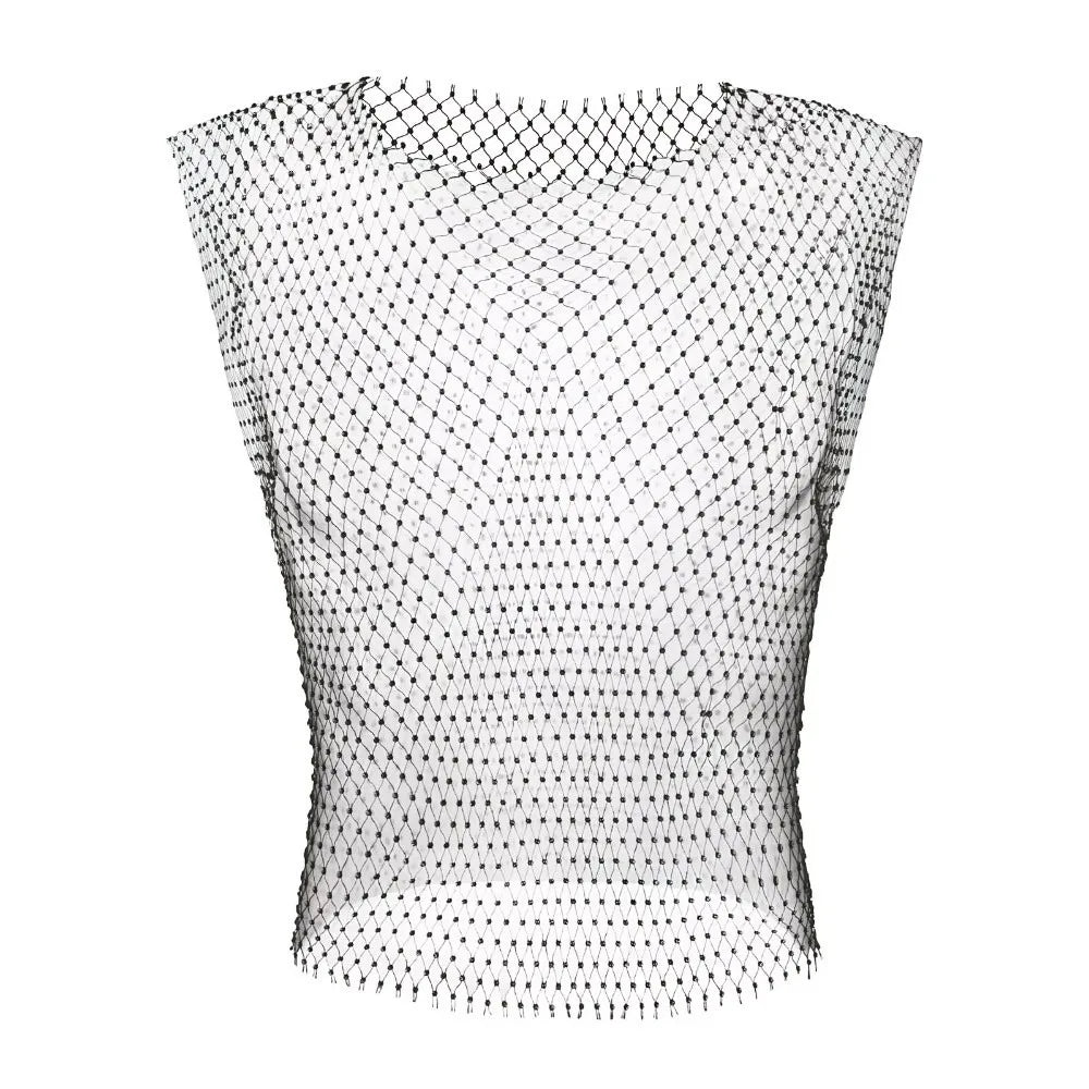 Sexy Style Rhinestone Decorated Men Tank Tops Tight Fit Hollow Design Fishnet Vest Elastic Fabric Mesh T-Shirt Zpaxo Length 67cm One Size