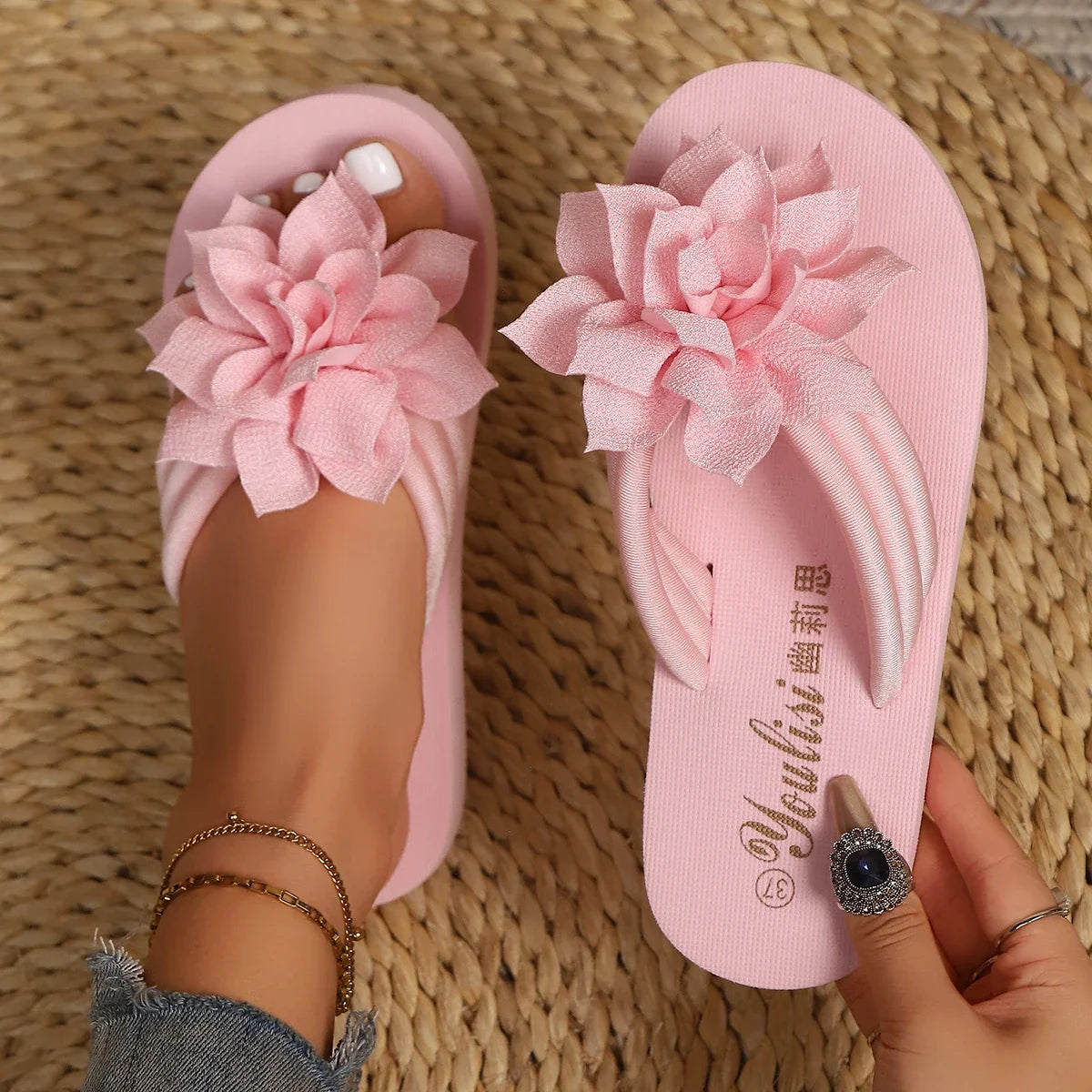 Women Slippers Lightweight Flat Sandals Fashion Flower Flip Flops Zpaxo Pink 37