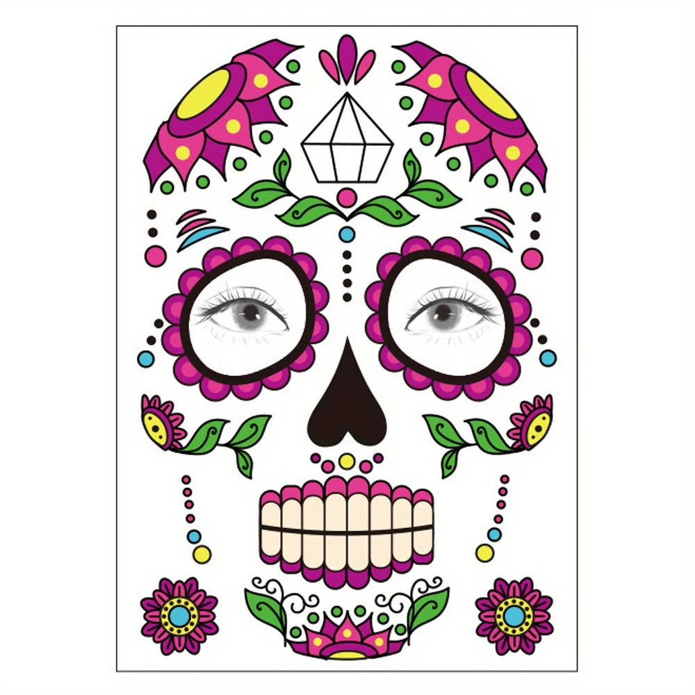 Day Dead Face Tattoos Sugar Skull Red Roses Halloween Stickers Makeup
