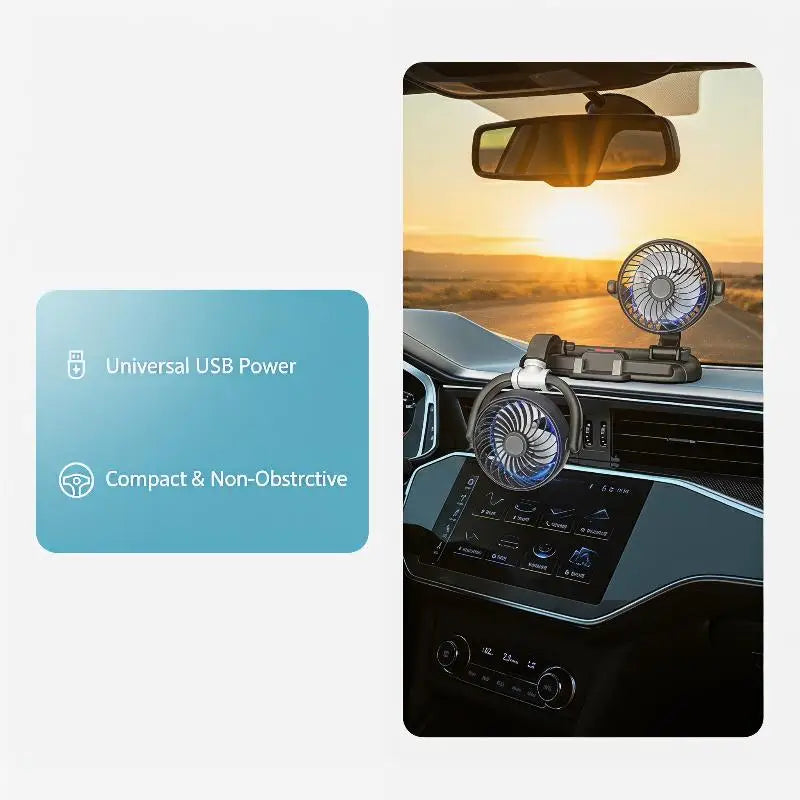 USB Car Air Vent Fan – 3-Speed 360° Adjustable 5-Blade Low Noise