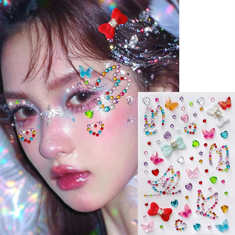 3D Diamond Face Tattoo Stickers Colorful Glitter Crystal Eye Makeup Diamond Stickers DIY Self-Adhesive Butterfly Rhinestones Zpaxo NK-LT-183