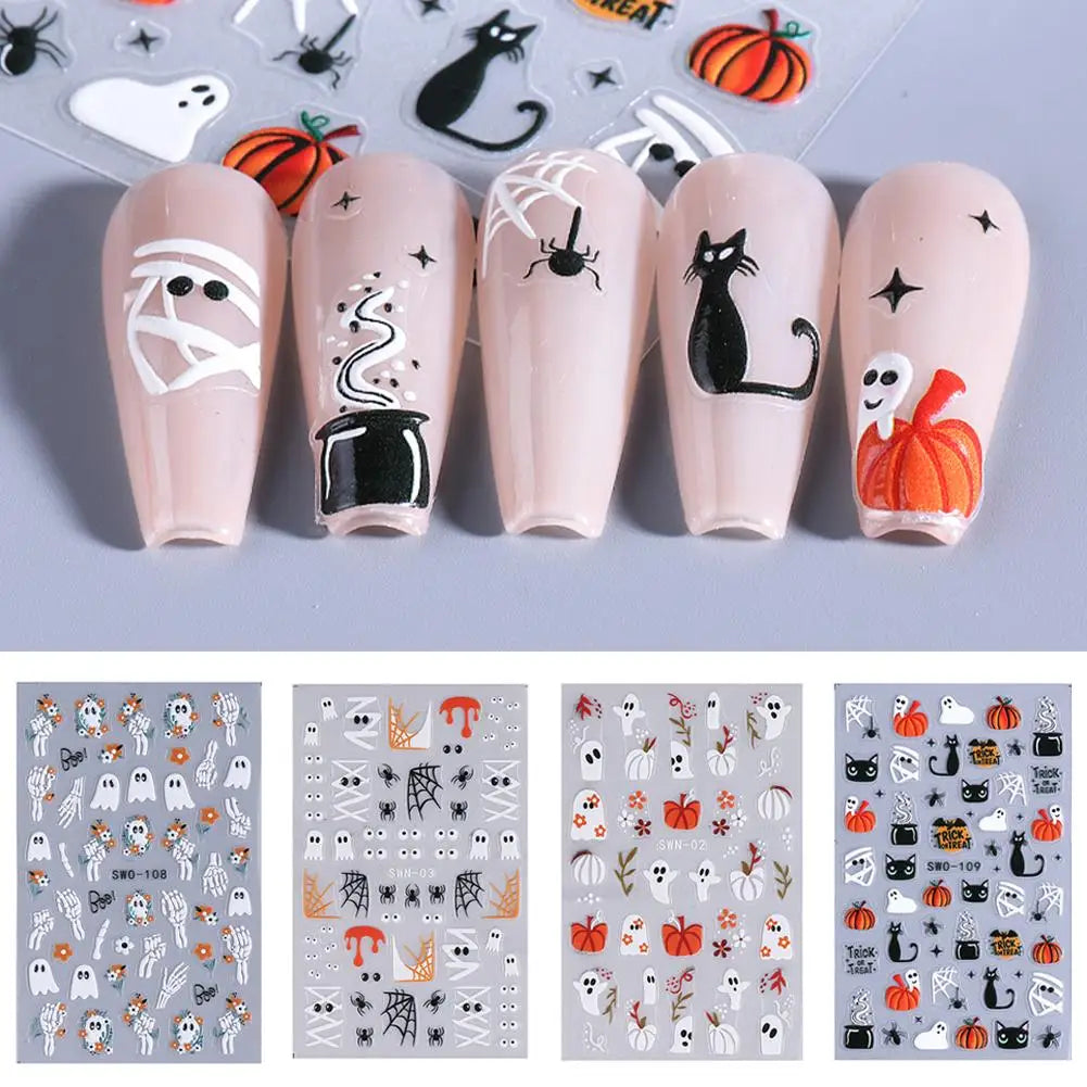 1pcs Halloween Nail Stickers Pumpkin Ghost Spider Skull Design Cute Adhesive Slider Decals DIY Manicure Decor Zpaxo