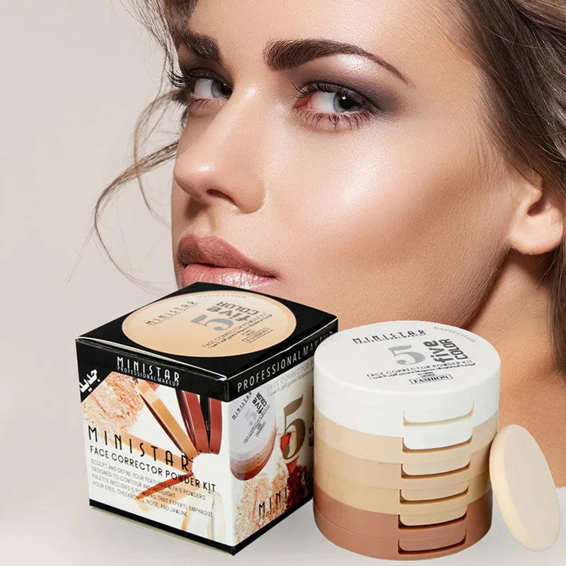 Concealer Contouring Powder, 5 Color 5 Decked Powder Tower, Brightening Skin Tone,Oil Control Makeup Loose Powder Setting Powder Zpaxo
