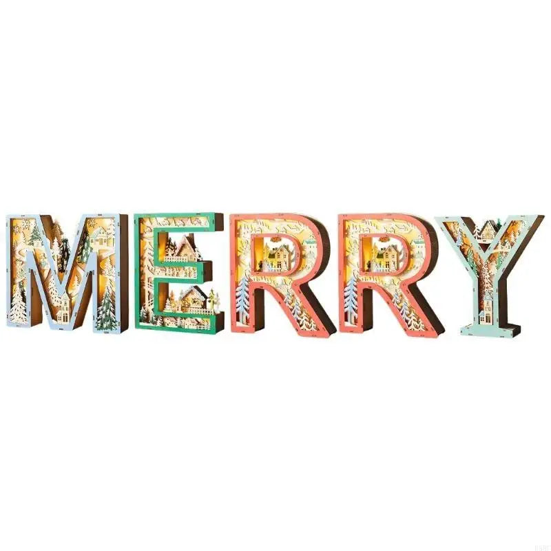 Hollowed Merry Wooden Letter Desk LED Lamp Mantels Tabletop Shelf