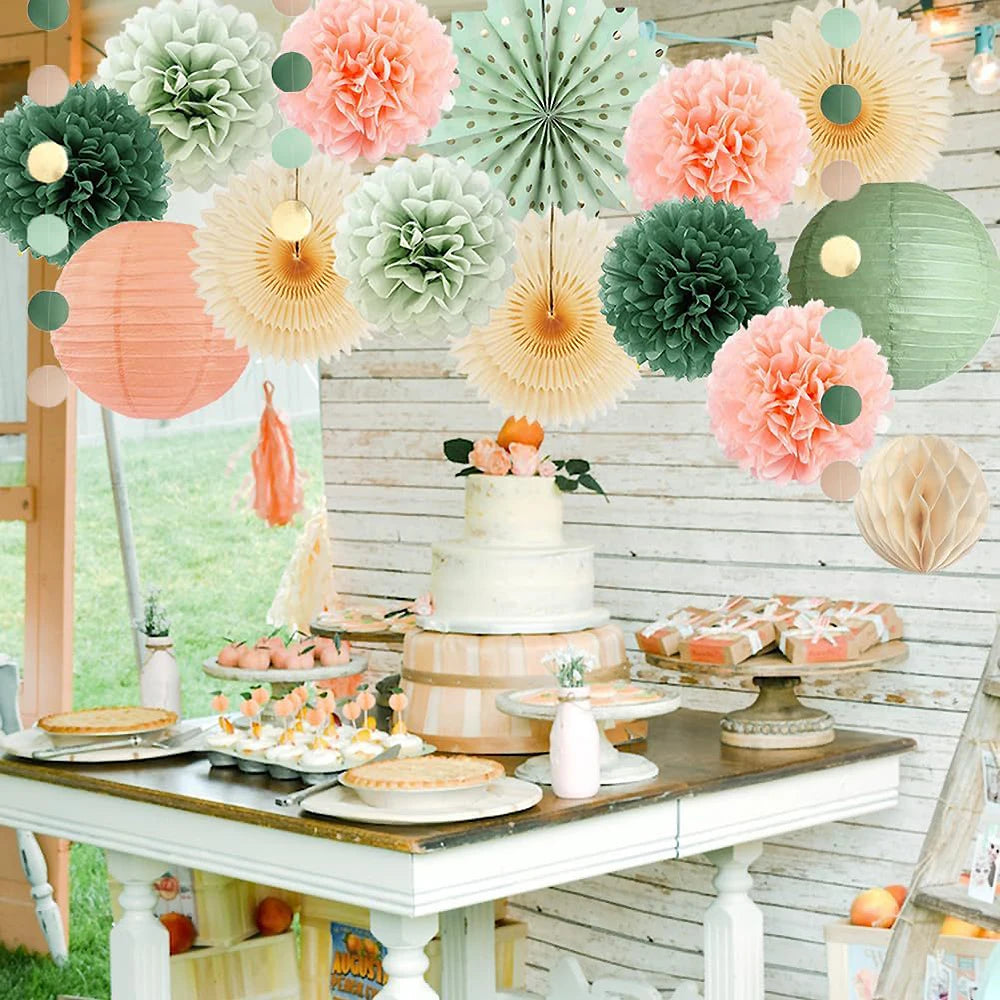 Sage Green Peach Pink Paper Lantern Tissue Pom Poms Party Hanging