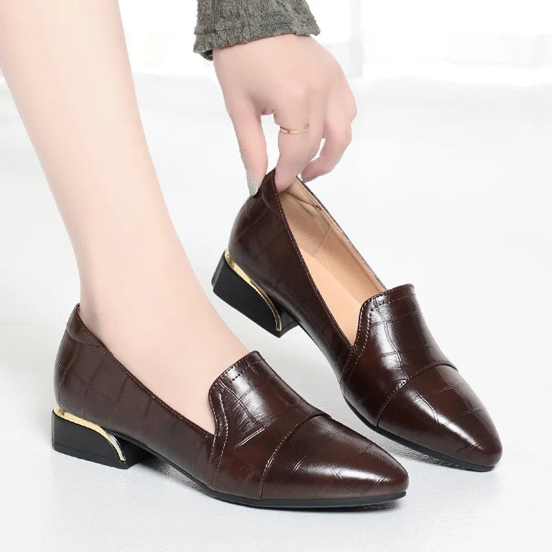Mom Shoes Spring Autumn Women's Leather Thick Heels Work Comfortable Zpaxo BNQ9691 Brown 3cm 35 China Mainland