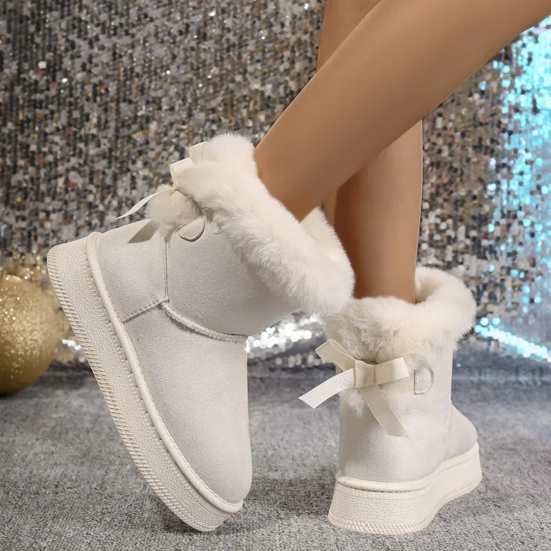 Platform Snow Boots Women's Winter Round Toe Suede Bow Fleece