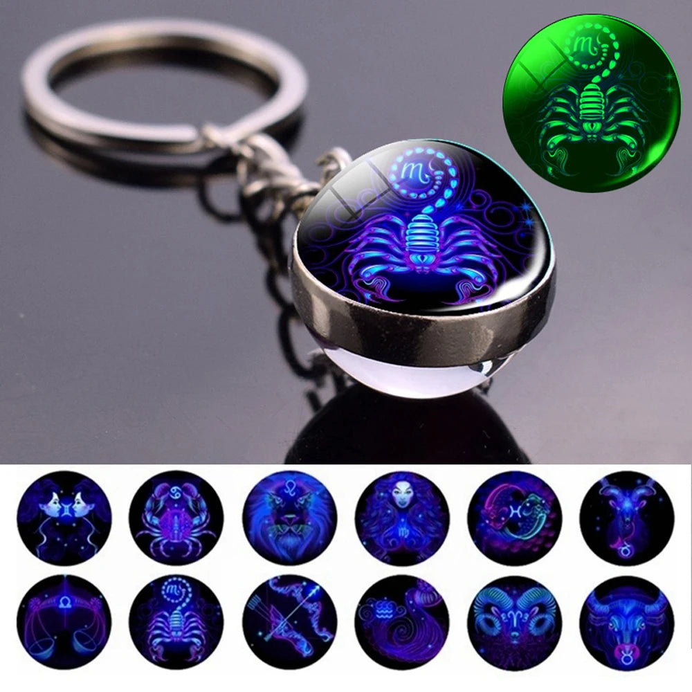Birthday Gift Jewelry Luminous Double Side For Women Scorpio 12 Constellation Zodiac Keychain Glass Ball Keychain Key Rings Zpaxo