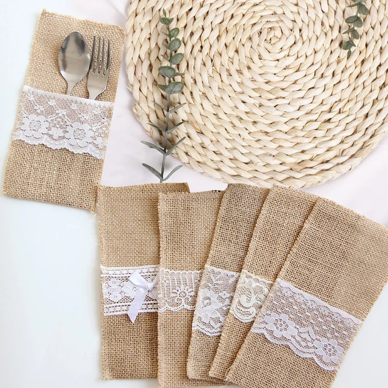 10- Burlap Lace Cutlery Pouch Party Tableware Decor Vintage Jute Zpaxo