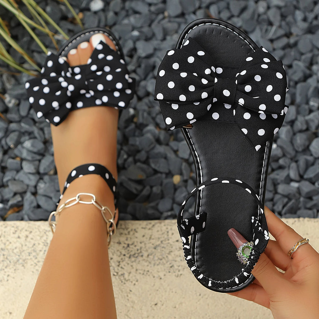 Women's Elastic-strap Flat Sandals Polka-dot Bow Multi-color Zpaxo black 36