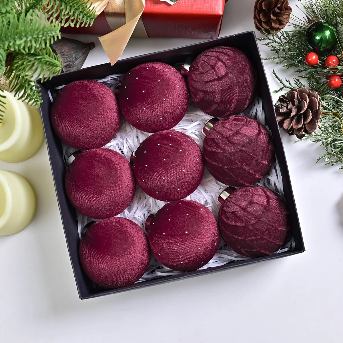 Velvet Rhinestone Christmas Ornaments Set of 9 – Shatterproof