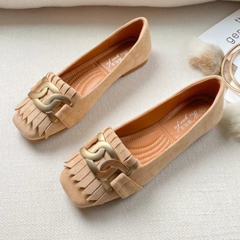 Flat Shoes Woman Retro Tassels Square Shallow Single Shoes for Women 2023 New Metal Buckle Flat Loafers Women Big Size 45 45 46 Zpaxo