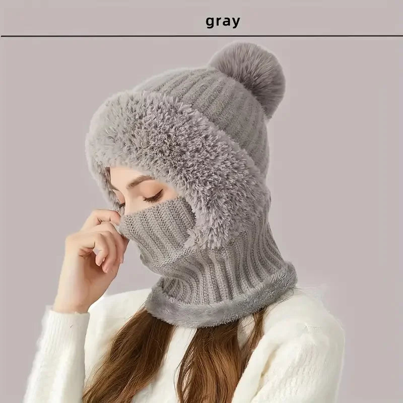 Winter Fleece-lined Knit Hat Ear Protection Windproof Integrated Hood