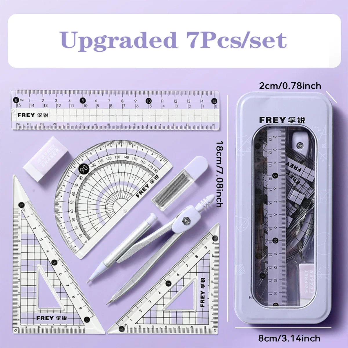 7-Piece Student Math Set – Compass, Ruler & Protractor Kit Student Math Set Zpaxo Pruple