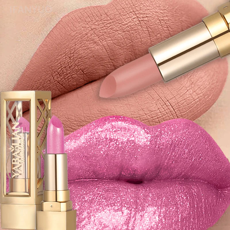 12 Gold Tube Lipstick Matte Pearlescent Glitter Shiny Velvet
