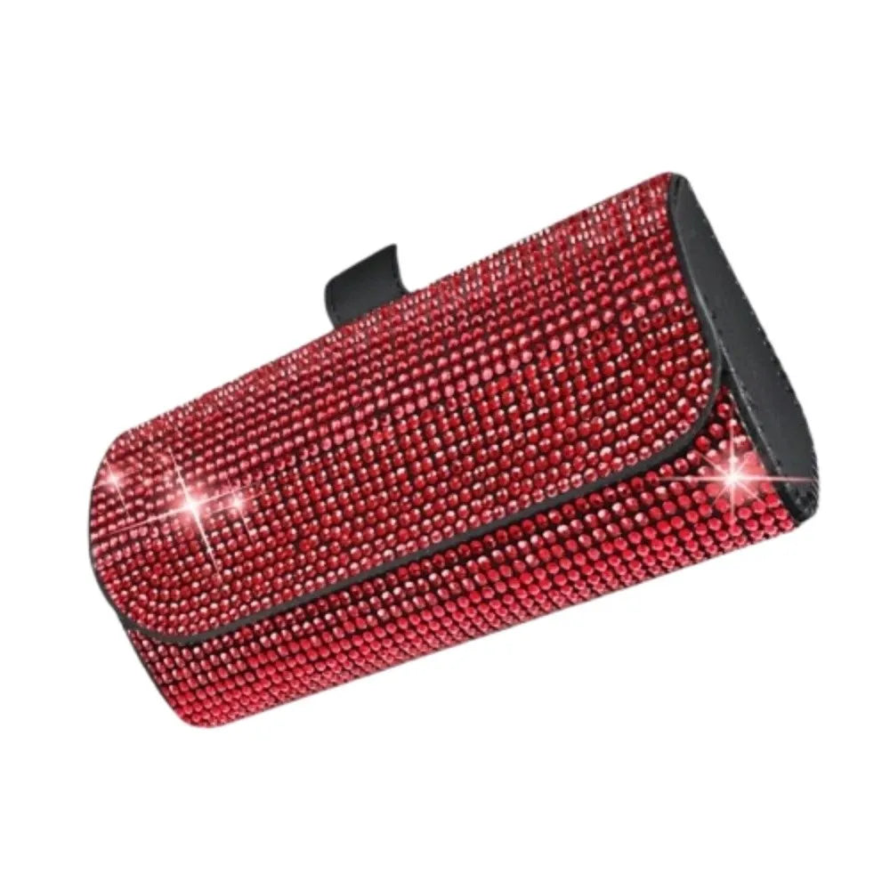 Portable Bling Sun Visor Glasses Case Rhinestone PU Leather Car Eyeglasses Holder Crystal Luxury Sunglasses Storage Box Vehicle Zpaxo Red