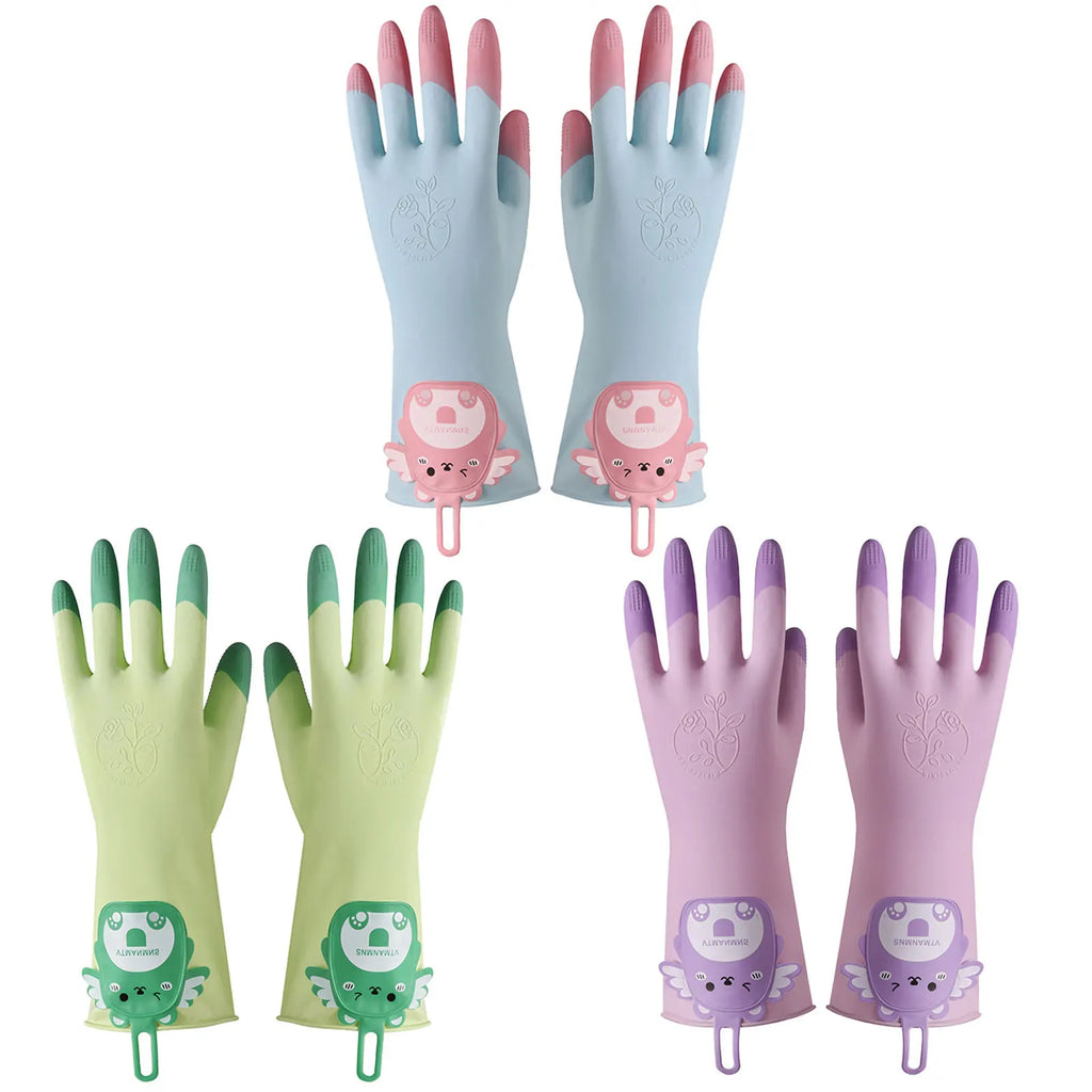 Reusable Latex Dishwashing Gloves, 3 Pairs Color-Block Cartoon Kitchen Gloves for Washing Dishes, 11in Long Cuff, Non-Slip Zpaxo Default Title