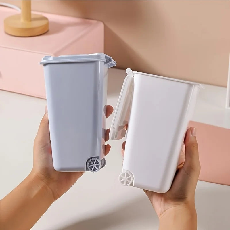 Mini Desktop Trash Can Wheels Lid Manual Lift Plastic Pen Holder